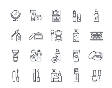 Kozmetik Ürünleri Satır Simgesi Ayarlandı. Rujlu işaretler, krem, rimel, oje ve serum. Düzenlenebilir felç. Güzellik ve makyaj. Taslak vektör illüstrasyon koleksiyonu beyaz arkaplanda izole edildi