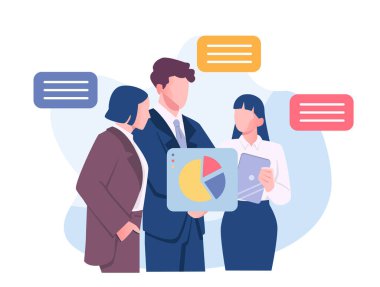 İş ekibi çalışması. Bir grup yönetici ve ofis çalışanı grafikleri ve grafikleri analiz ediyor ve şirket büyümesi için strateji geliştiriyor. Ortaklık ve işbirliği. Düz vektör çizimi beyaz üzerine izole edildi
