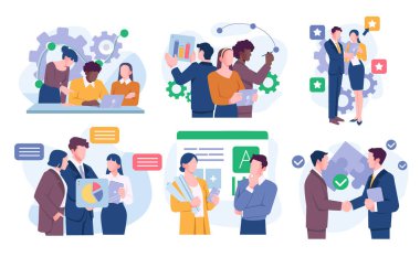 İş ekipleri. Erkek ve kadın girişimci ya da ofis çalışanları birbirleriyle etkileşim halindeler. Ortaklık, işbirliği ve iş faaliyetleri. Düz vektör çizimi beyaz arkaplanda izole edildi