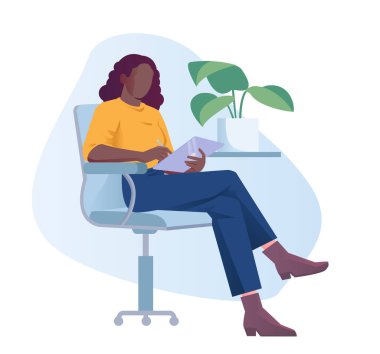 İş etkinliği. Kadın girişimci ya da ofis çalışanı iş yerinde tablet planlama işi yapıyor. Üretim ve Proje Yönetimi. Düz vektör çizimi beyaz arkaplanda izole edildi