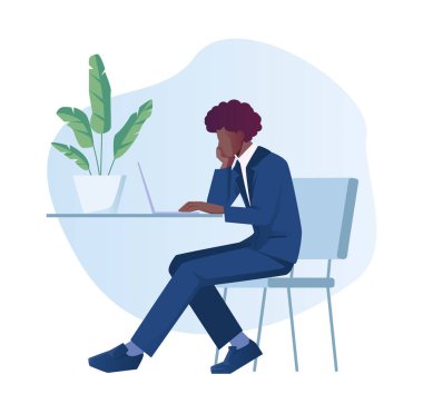 İş etkinliği. Dizüstü bilgisayarı olan bir adam ofiste çalışıyor, görevleri ve projeleri tamamlıyor. Rahat çalışma alanında çalışan bir şirket çalışanı. Düz vektör çizimi beyaz arkaplanda izole edildi