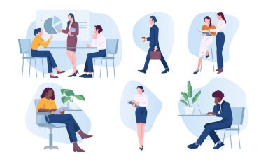 İş etkinliği. Ofis çalışanları ve girişimcilerin proje üzerinde çalıştığı, strateji planladığı ve görevleri tartıştığı sahneler. Düz vektör illüstrasyon koleksiyonu beyaz arkaplanda izole edildi