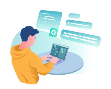 Yazılım geliştiricisi. Erkek programcı dizüstü bilgisayarda çalışır ve uygulama veya web sitesi için program kodu oluşturur. Dijital Üretim, Kodlama ve Mühendislik. Çizgi film vektör çizimi arkaplanda izole edildi