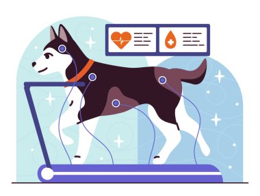 Köpek sağlığı testi. Tıbbi sensörlü köpek yavrusu koşu bandında çalışıyor. Veteriner kliniği sahnesi. İlaç, sağlık ve tedavi, teşhis. Çizgi film vektör çizimi beyaz arkaplanda izole edildi