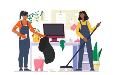 Temizlik ekibi evde. Paspas ve çöp torbası taşıyan üniformalı kadınlar. Ev işleri, rutin işler, temizlik. Ev işi olan insanlar. Düz vektör çizimi beyaz arkaplanda izole edildi