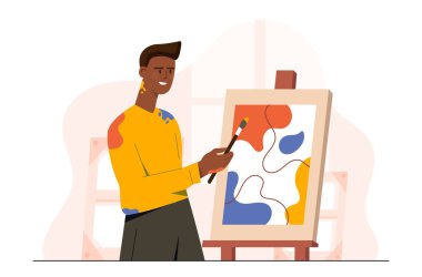 Adam yeni bir resim yaratıyor. Fırçalı genç adam resim çiziyor. Stüdyoda ya da atölyede sanatçı. Yaratıcılık ve sanat. Tablonun yanındaki boyacı. Düz vektör çizimi beyaz arkaplanda izole edildi