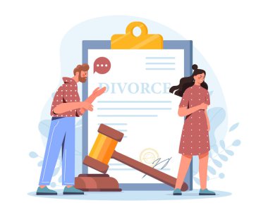 Boşanmış bir aile. Erkek ve kadın evlilik sözleşmesinin arka planına karşı tartışıyor. Negatif duygular ve duygular. Kötü ilişkileri olan bir çift. Düz vektör çizimi beyaz arkaplanda izole edildi