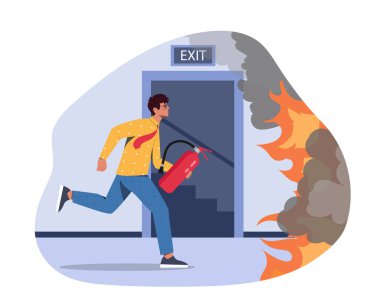 Man with fire extinguishing. Young guy in office runs to put out fire. Emergency situation in building, accident. Caution and danger. Flat vector illustration isolated on white background clipart