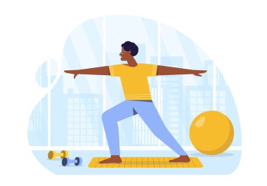Evinde gerinen bir adam. Yoga minderinde antrenman yapan genç adam. Aktif yaşam tarzı ve spor. Spor ve spor salonlarında. Asana ile atlet. Düz vektör çizimi beyaz arkaplanda izole edildi