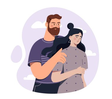 Erkek desteği üzgün kadın. Genç adam kız arkadaşına sarılıyor ve onu sakinleştiriyor. Psikolojik destekli bir çift. Depresyon ve hüsran dolu bir kız, keder. Düz vektör çizimi beyaz arkaplanda izole edildi