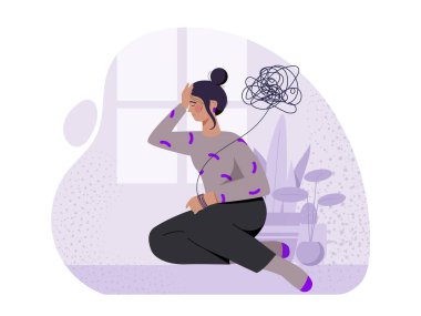 Kötü ruh hali olan bir kadın. Kanepede oturan üzgün kız. Depresyon ve hüsran. Negatif duygular ve duygular. Zihinsel ve psikolojik sorunlar. Çizgi film vektör çizimi beyaz arkaplanda izole edildi