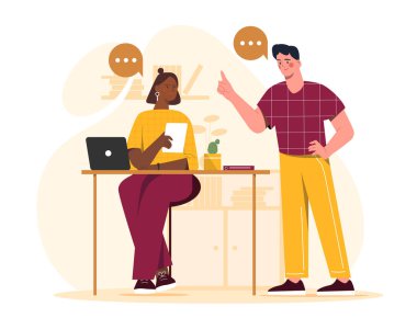 Beyin fırtınası ya da tartışma. Kadın ve erkek projeyi tartışıyorlar. Başlangıç ya da iş için fikir. İşbirliği ve işbirliği, takım çalışması. Çizgi film vektör çizimi beyaz arkaplanda izole edildi