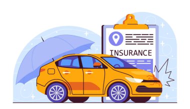 Araba kazası sigortası. Sigorta belgesi ve anlaşmasının yanındaki sarı otomobil. Finansal anlaşmalar ve sözleşmeler. Nakliye koruması. Çizgi film vektör çizimi beyaz arkaplanda izole edildi