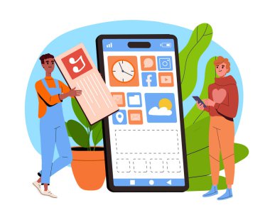 İnsanlar akıllı telefon arayüzü yapar. Akıllı telefonu olan adamlar mobil uygulama ya da program geliştiriyor. UI ve UX tasarımı. Tasarımcılar ve serbest çalışanlar ortak proje üzerinde çalışıyorlar. Çizgi film vektör illüstrasyonu