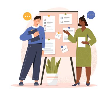 Görevlerin başarıyla tamamlanması. Kadın ve erkek tahtanın yanında. İş görevleri ve hedefler. Zaman yönetimi ve verimli iş akışı. İşbirliği ve işbirliği. Çizgi film vektör illüstrasyonu