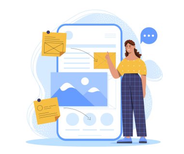 UI ve UX tasarımı olan bir kadın. Akıllı telefon ekranının yanındaki genç kız uygulama ve program geliştiriyor. Grafik tasarımcısı ve serbest yazar. Çizgi film vektör çizimi beyaz arkaplanda izole edildi
