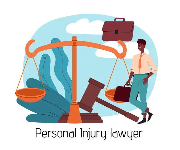 stock vector Violation of law. Man near gavel and judge scales. Lawyer with jurisprudence. Personal injury lawyer. Protection of rights. Cartoon vector illustration isolated on white background