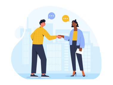 İş ortakları konsepti. Erkek ve kadın el sıkışıyor. Başarılı müzakereler için metafor. Yatırımcı ve girişimci anlaşma ve anlaşma yapar. Çizgi film vektör çizimi beyaz arkaplanda izole edildi