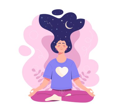 Akıl sağlığı yerinde bir kadın. Genç kız oturur ve Lotus pozisyonunda meditasyon yapar. Konsantrasyon ve farkındalık, farkındalık. Psikolojiye önem ver. Çizgi film vektör çizimi beyaz arkaplanda izole edildi