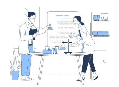 Kozmetik testleri yapan doktorlar. Tıbbi üniformalı erkek ve kadın kimyasal reaktörlü test tüpleri. Laboratuvarda analizler ve deneyler. Beyaz arkaplanda izole edilmiş doğrusal vektör çizimi