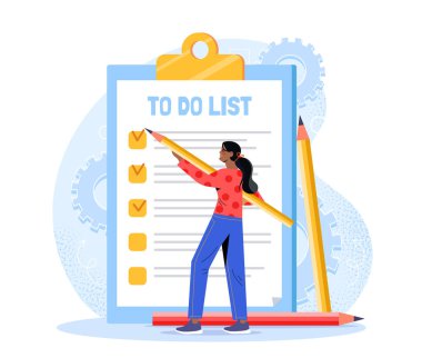 Yapılacaklar listesi olan kadın. Not defterinin yanında hedefleri ve görevleri olan genç bir kız. Verimli iş akışı ve zaman yönetimi düzenleniyor. Çizgi film vektör çizimi beyaz arkaplanda izole edildi