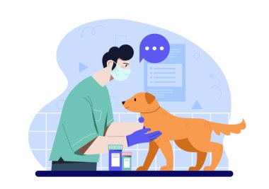 Köpekli veteriner. Üniformalı bir adam ve evcil hayvan teşhisi. Sağlık ve ilaç, evcil hayvanların tedavisi. Veteriner kliniği. Çizgi film vektör çizimi beyaz arkaplanda izole edildi