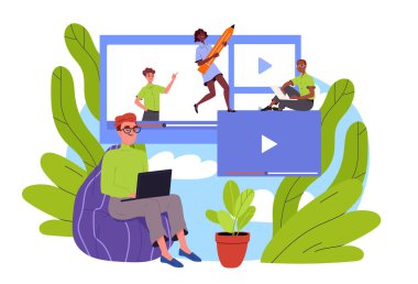 Adam video izliyor. Gözlüklü genç adam dizüstü bilgisayarla oturur ve internetten eğlence içeriğini izler. Sosyal ağlar ve video sunucuları. Çizgi film vektör çizimi beyaz arkaplanda izole edildi
