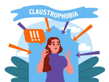 Klostrofobisi olan kadın. Kapalı yerlerden korkan genç bir kız. Negatif duygular ve duygular. Zihinsel ve psikolojik sorunlar. Çizgi film vektör çizimi beyaz arkaplanda izole edildi