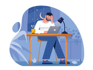 Adam geç saatlere kadar çalışıyor. Üzgün genç adam geceye kadar dizüstü bilgisayarla ofiste oturuyor. Yetersiz iş akışı ve kötü zaman yönetimi. Zihinsel çöküntüyle çok çalışan bir yönetici. Çizgi film vektör illüstrasyonu