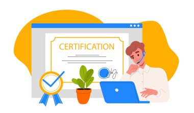 Online sertifika. Diplomasının yanında mikrofonu olan kulaklıklı genç bir adam. İnternet kursları ve online eğitim. Çizgi film düz vektör çizimi beyaz arkaplanda izole edildi