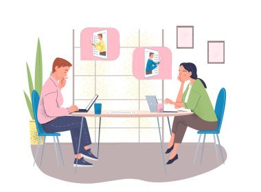 Çevrimiçi eğitim ve öğrenme kavramı. Kadın ve erkek ders izliyor. Ders ve rehberlik. Basit biçim düz vektör çizimi beyaz arkaplanda izole edildi