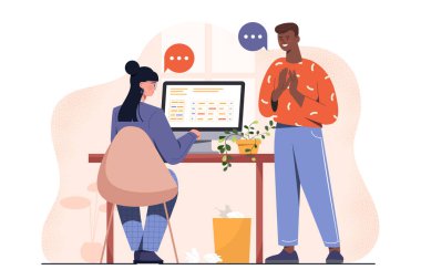 İş yerinde iletişim. Erkek ve kadın iş projesini ya da girişimi tartışıyor. Meslektaşlar ve ortaklar ofiste iletişim kurar. İş adamları iş yerinde etkileşim halindeler. Düz vektör illüstrasyonu