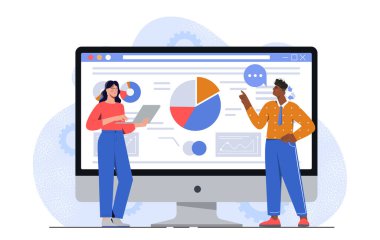 İş analizi konsepti. Grafikleri ve diyagramları olan bir adam ve kadın bilgisayar monitörünün yanında. İstatistik ve bilgi grafikleri. Beyin fırtınası ve şirket geliştirme. Düz vektör illüstrasyonu