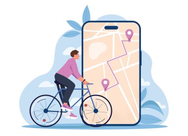 Bisikletçi navigasyon uygulaması. Adam elinde haritayla akıllı telefon ekranının yanında bisiklet sürüyor. Navigasyon ve konum belirleme rotası. Aktif yaşam tarzı ve spor, seyahat ve seyahat. Düz vektör illüstrasyonu