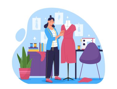 Moda tasarımcısı atölyesi. Mankene yakın bir kadın elbise giyiyor. Stüdyo ve atölye. Atıcılar ve terziler. Dikiş işi olan bir terzi. Düz vektör çizimi beyaz arkaplanda izole edildi