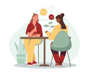 Restorandaki arkadaşlar. Kadınlar kafede oturup haberleri ve söylentileri tartışırlar. Dostça sohbet, sohbet, tartışma. İş toplantısı. Düz vektör çizimi beyaz arkaplanda izole edildi