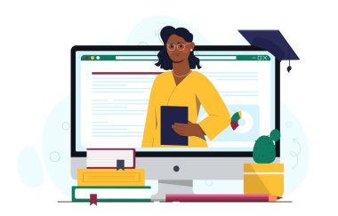 İşletme öğretmeni hatta. Grafikli not defteri olan bir kadın. Girişimciler için danışman ve asistan. İnternet üzerine ders ve ders. Düz vektör çizimi beyaz arkaplanda izole edildi