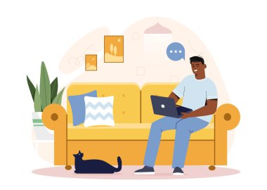 Adam evden çalışıyor. Bilgisayarlı genç adam internette para kazanıyor. Rahat bir iş yeri. Uzaktan çalışan ve online kazancı olan bir serbest çalışan. Düz vektör çizimi beyaz arkaplanda izole edildi