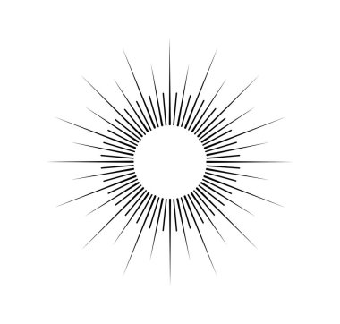 Minimalist güneş ışınları. Bohem tarzında güneş yanığı silueti. Web sitesi için simge ya da şirket için amblem. Göksel güneş ışığı. Beyaz arkaplanda izole edilmiş doğrusal vektör çizimi
