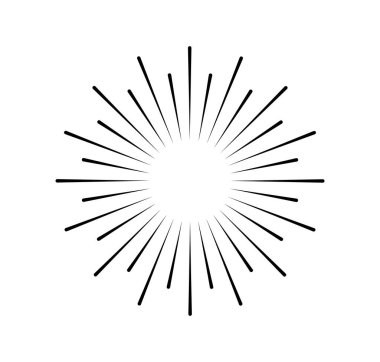 Minimalist güneş ışınları. Bohem tarzında güneş yanığı silueti. Web sitesi için simge ya da şirket için amblem. Havai fişek patlaması. Beyaz arkaplanda izole edilmiş doğrusal vektör çizimi