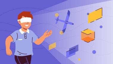 Artırılmış Gerçeklik yeniliği. Sanal gerçeklik gözlüklü çocuk uçak ve bilgisayar monitörüne bakıyor. Siber uzay ve metaevren simülasyonu. Modern teknolojiler. Düz vektör illüstrasyonu