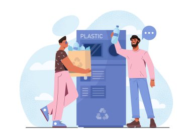 Şişe geri dönüşüm makinesi. Çevre dostu eylemciler ve gönüllüler. Plastik geri dönüşüm ve yeniden kullanım. Sürdürülebilir sıfır atık yaşam tarzı. Atıkların atmosfere salınımı azaltılıyor. Düz vektör illüstrasyonu