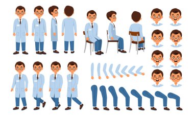 Doktor müteahhit ayarlandı. Tıp üniformalı adam. Farklı pozlar ve bakış açıları olan yetişkinler. Animasyon yaratmak için bir sürü bacak, kol ve kafa. Sağlık ve ilaç. Düz vektör koleksiyonu