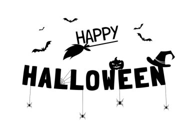 Cadılar Bayramı posterin kutlu olsun. Yarasa ve örümceklerin siluetlerinin olduğu siyah bir yazı. Uluslararası korku ve korku bayramı. Kartpostal ve davetiye. Düz vektör illüstrasyonu