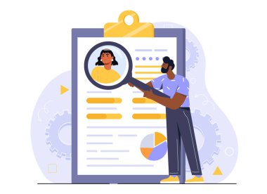 İnsan kaynakları müdürü. Büyüteci olan genç adam kadın profilini analiz ediyor. İnsan Kaynakları müdürü boşalan adayı değerlendiriyor. Kelle avcılığı ve adam toplama. Düz vektör çizimi beyaz arkaplanda izole edildi