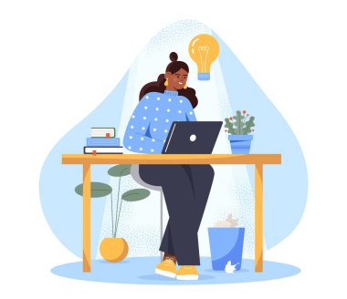 Fikri olan bir kadın. Ampullü genç kız dizüstü bilgisayarla oturuyor. Serbest çalışan ve uzaktan çalışan. Girişimci ya da iş projesi. Düz vektör çizimi beyaz arkaplanda izole edildi