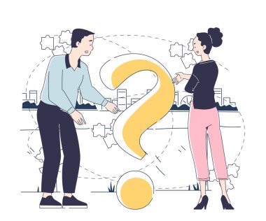 Birkaç turist kayboldu. Erkek ve kadın büyük soru işaretinin yanında. Oryantasyon bozukluğu olan insanlar. Bir grup gezgin yön kaybetti. Beyaz arkaplanda izole edilmiş doğrusal vektör çizimi