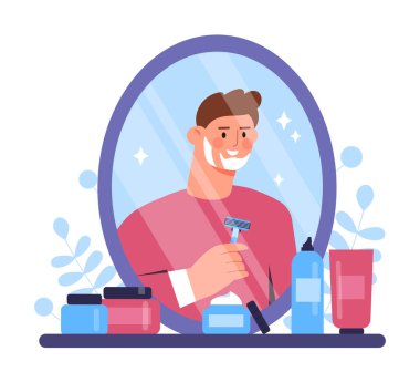 Erkek traş konsepti. Elinde jilet olan adam pencerenin yanında duruyor. Yüzüne köpük sürüp sakalını tıraş etmiş. Temizlik ve hijyen. Düz vektör çizimi beyaz arkaplanda izole edildi