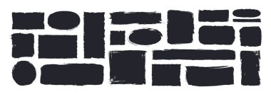 Bir dizi pürüzlü geometrik şekiller. Dikdörtgenin soyut siyah siluetleri, daire ya da kare. Kopya alanı olan etiketler. Düz vektör illüstrasyon koleksiyonu beyaz arkaplanda izole edildi