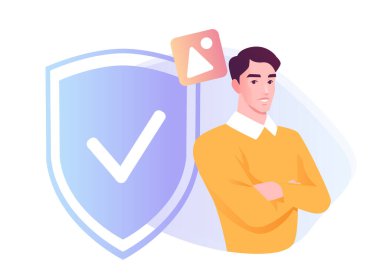 İnternet güvenliği. Gülümseyen sosyal medya kullanıcısı kalkanın yanında duruyor. Kişisel veri koruması ve siber güvenlik kavramı. Çevrimiçi Güvenlik. Çizgi film vektör çizimi beyaz arkaplanda izole edildi